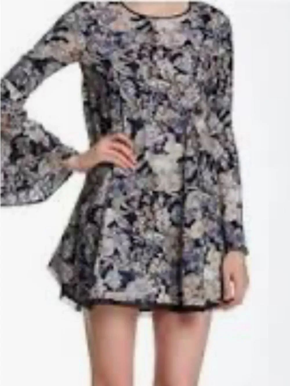 Dress Forum Black Floral Long-Sleeve Mini Dress size medium a line